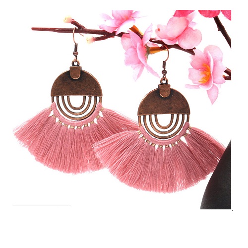 A-HH-HQEF-249 dusty pink circle tassel earring - Click Image to Close